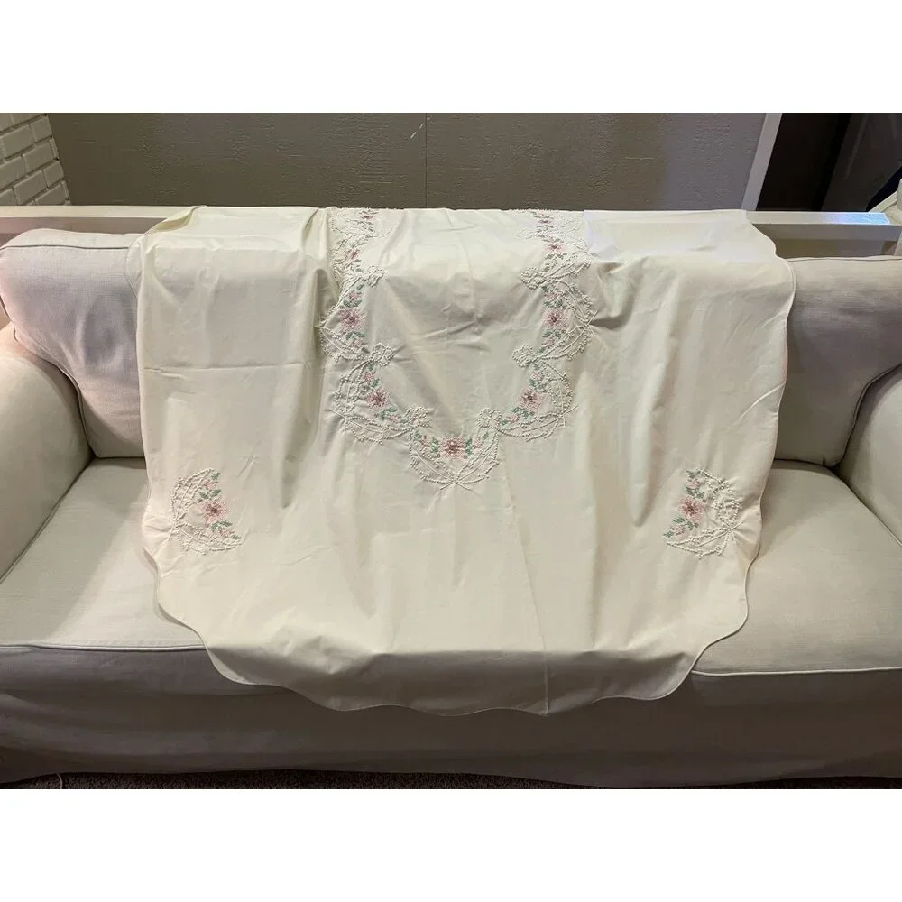Vintage Cross Stitch Tablecloth Used Beige Mauve Green Pink